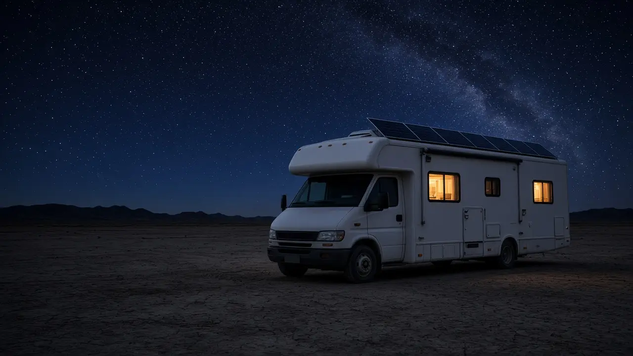A white motorhome with roof solar panels parked on desert hardpan under the Milky Way