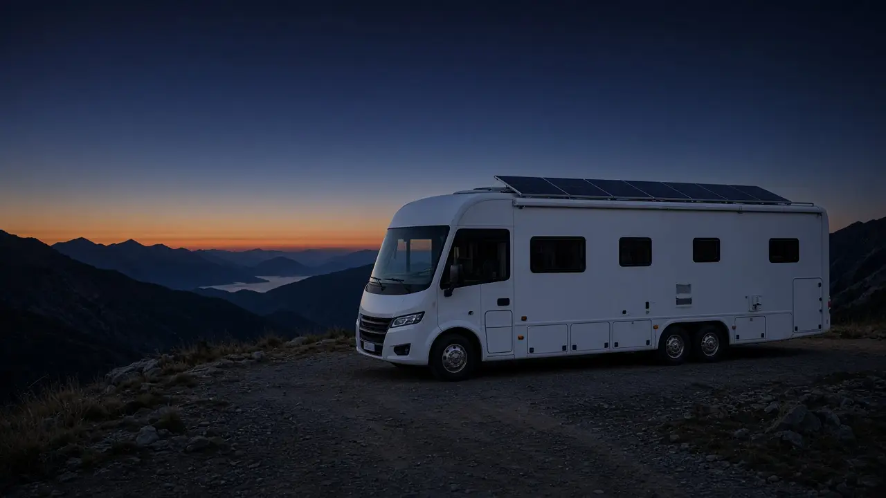 A white Class A motorhome with roof solar panels at a mountain overlook at dusk