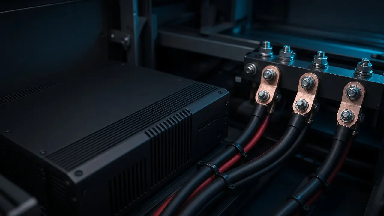 An inverter and bundled heavy cables with copper lugs inside a dark RV electrical bay lit in cyan