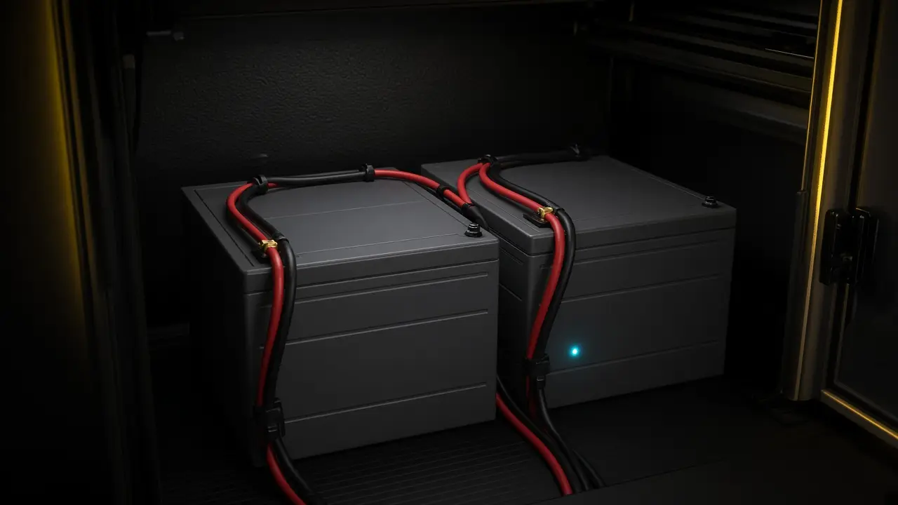 Two dark lithium batteries with red and black cables in an RV storage bay, a small cyan status light glowing