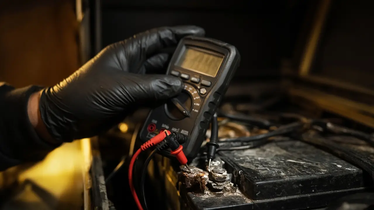 A gloved hand testing an RV battery terminal with a multimeter under a warm work light