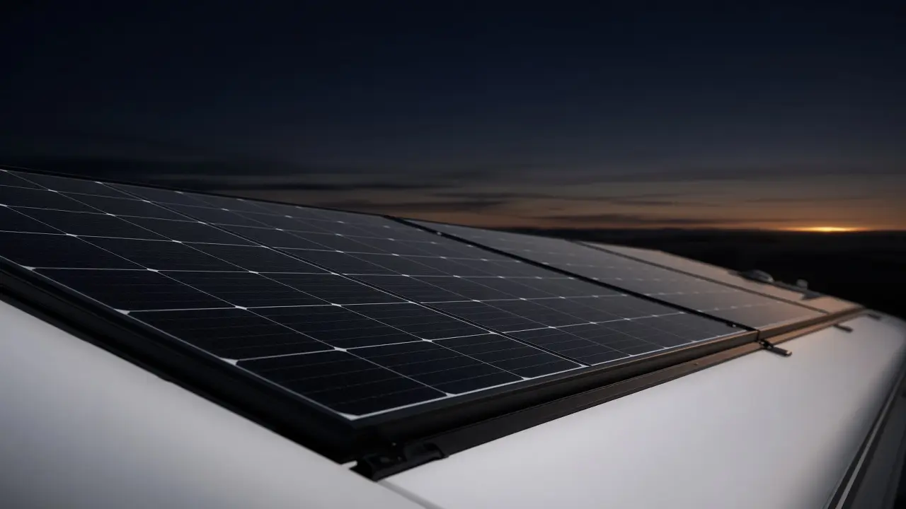 Solar panels on an RV roof at dusk