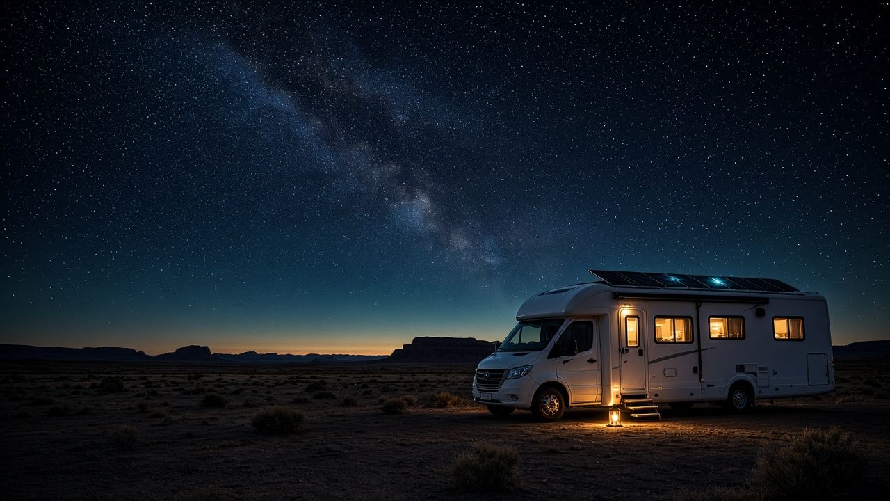 A motorhome with solar panels on its roof parked on a desert plateau at night, windows glowing amber under the Milky Way