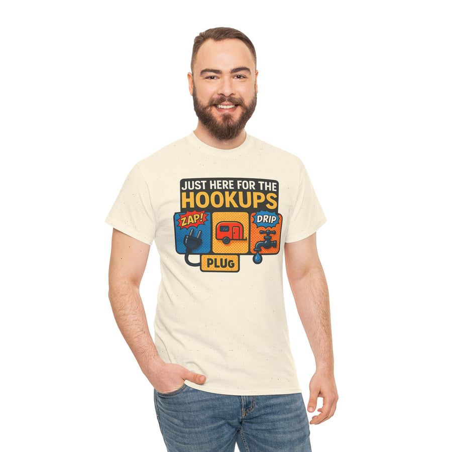 Just Here for the Hookups: Retro RV Camping Humor, Vintage Comic-Style Graphic Design Funny Camping Tee