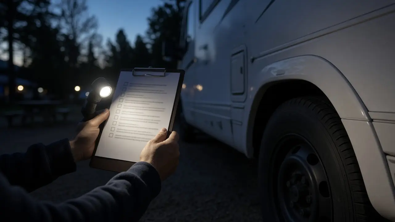 Hands holding a clipboard checklist beside a motorhome tire at dusk