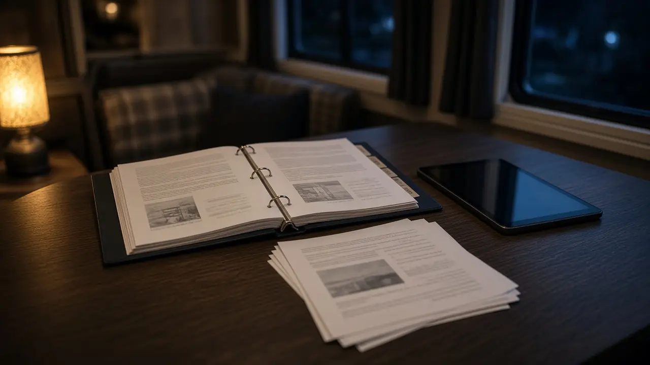 RV owner's manuals open on a dinette table at night