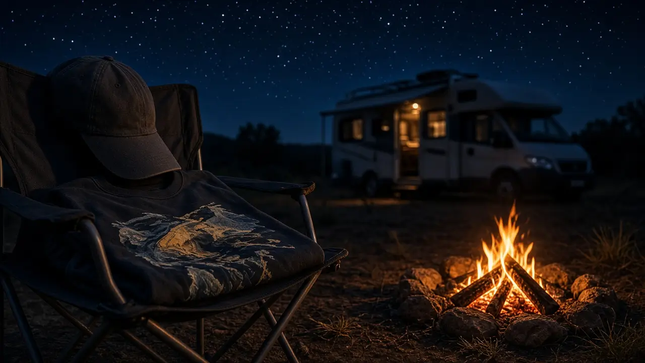 A graphic tee and cap on a camp chair beside a campfire with a motorhome behind