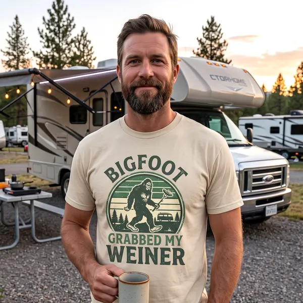 Bigfoot Grabbed My Weiner Retro Camping Tee, product photo from Megawatt Merch