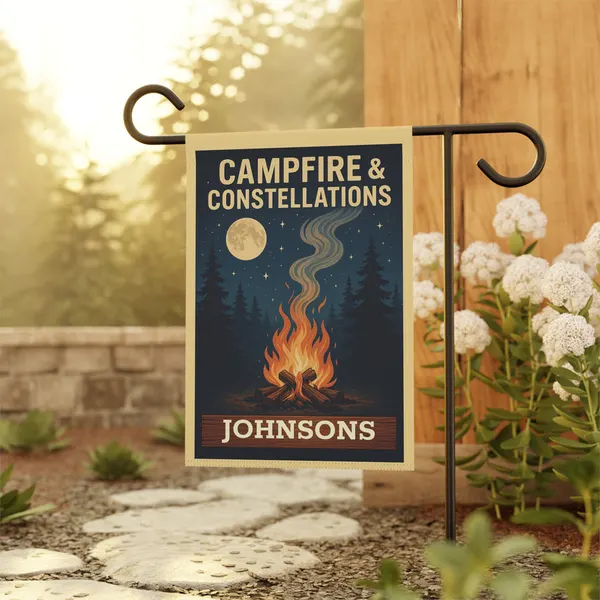 Campfire & Constellations Garden Flag: Personalized Outdoor Banner (Custom Family Name), product photo from Megawatt Merch