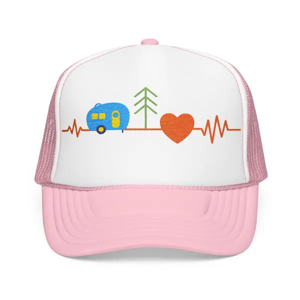 Embroidered Adventure Camping Heartbeat Foam Trucker Hat, product photo from Megawatt Merch