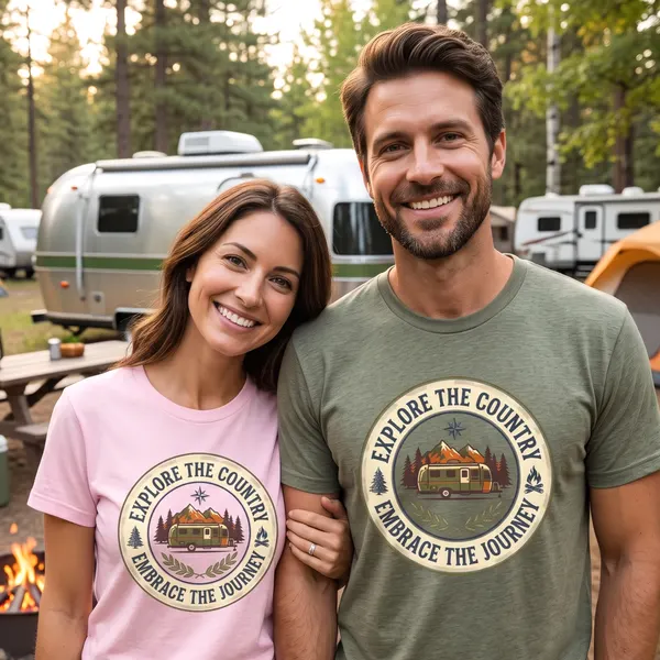 Explore The Country Embrace The Journey Tee Vintage Camper Adventure T-Shirt, product photo from Megawatt Merch