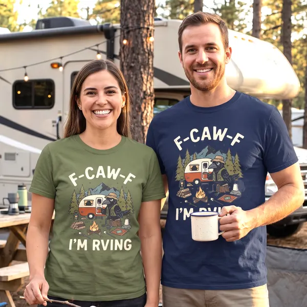 “F-CAW-F I’m RVing” Funny Camper Tee for RV Lovers, product photo from Megawatt Merch