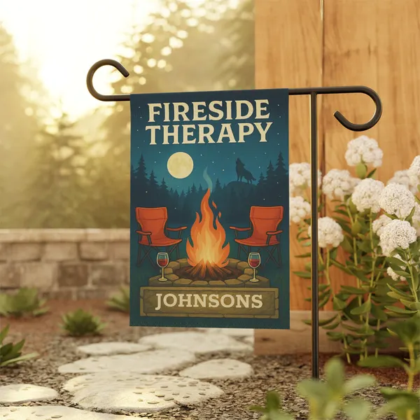 Fireside Therapy Garden Flag: Personalized Campfire Outdoor Banner, product photo from Megawatt Merch