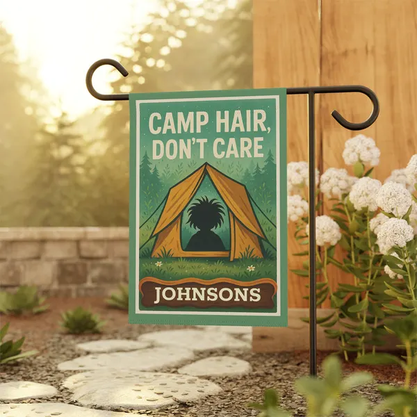 Garden Flag - "Camp Hair, Don't Care" Personalized Camping Yard Banner, product photo from Megawatt Merch