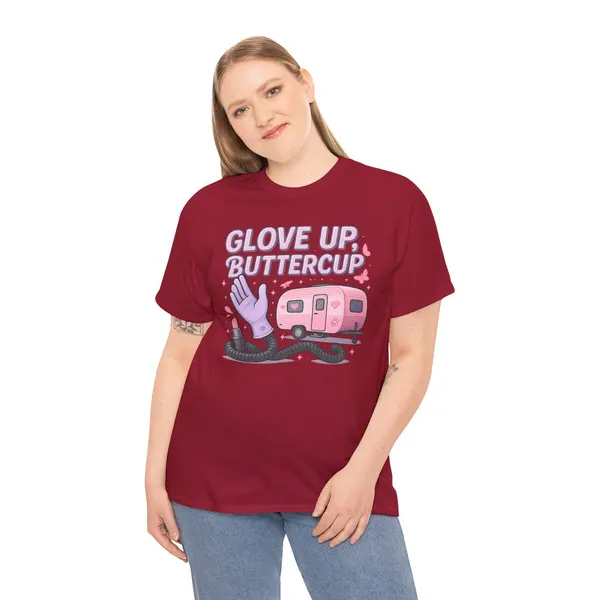 Glove Up, Buttercup: Empowering Female Campers Gildan Tee, product photo from Megawatt Merch