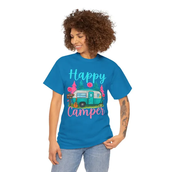 Happy Camper T-Shirt: Cute Retro Trailer Camping Graphic Tee, product photo from Megawatt Merch