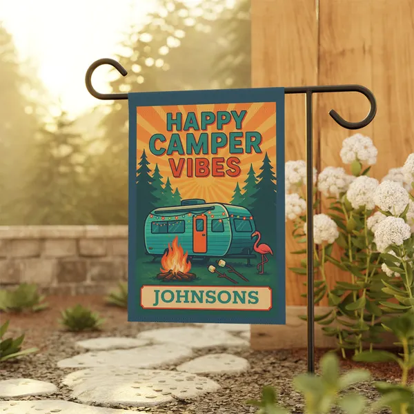 Happy Camper Vibes Garden Flag: Personalized Camping Banner, product photo from Megawatt Merch