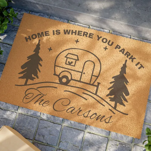 Home Is Where You Park It Doormat | Camper Trailer Welcome Mat, product photo from Megawatt Merch