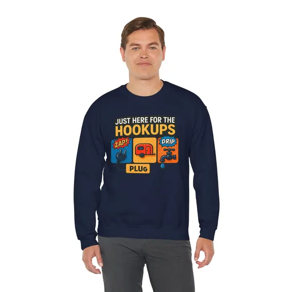 Just Here for the Hookups: Retro RV Camping Humor, Vintage Comic-Style Graphic Design Funny Camping Sweatshirt, product photo from Megawatt Merch
