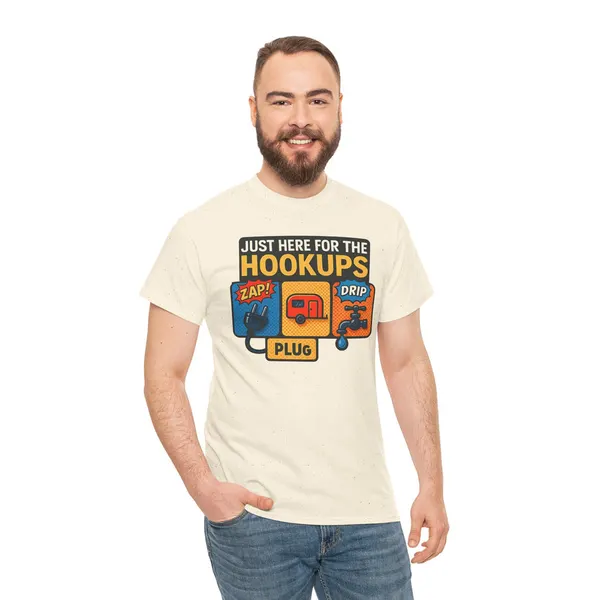 Just Here for the Hookups: Retro RV Camping Humor, Vintage Comic-Style Graphic Design Funny Camping Tee, product photo from Megawatt Merch