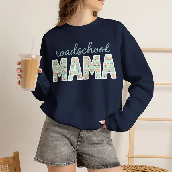 Roadschool Mama: Whimsical RV Education Design Funny Camping Sweatshirt, product photo from Megawatt Merch