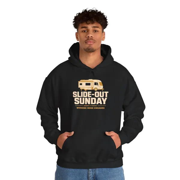 Slide-Out Sunday Funny Camping Hoodie, product photo from Megawatt Merch