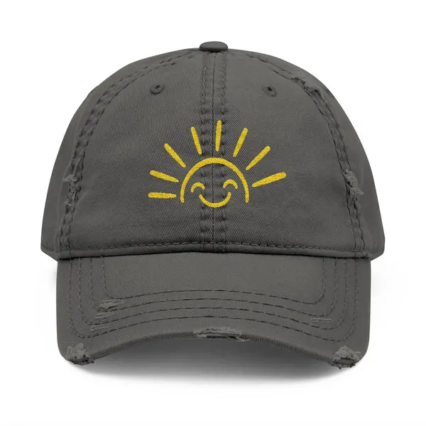 Smiley Sun Embroidered Distressed Dad Hat, product photo from Megawatt Merch