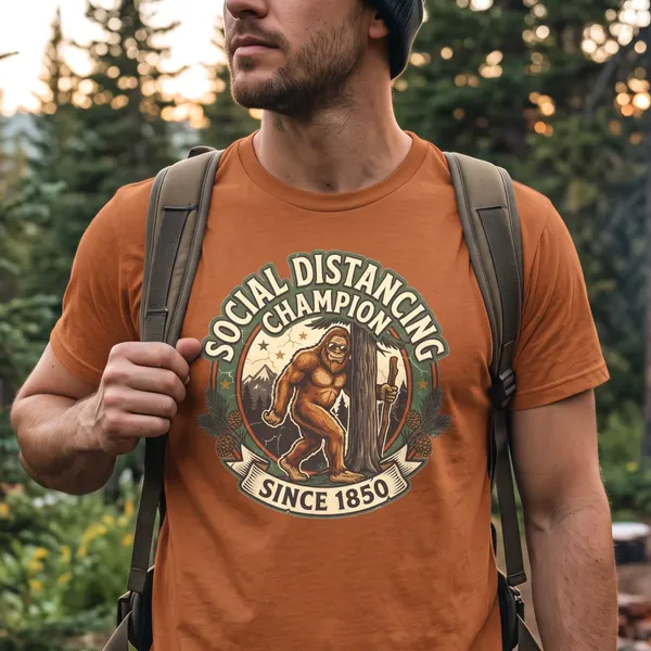 Social Distancing Champion Tee - Funny Bigfoot Sasquatch Shirt "Since 1850", product photo from Megawatt Merch