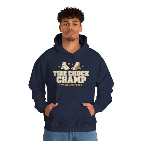 Tire Chock Champ Funny Camping Hoodie, product photo from Megawatt Merch