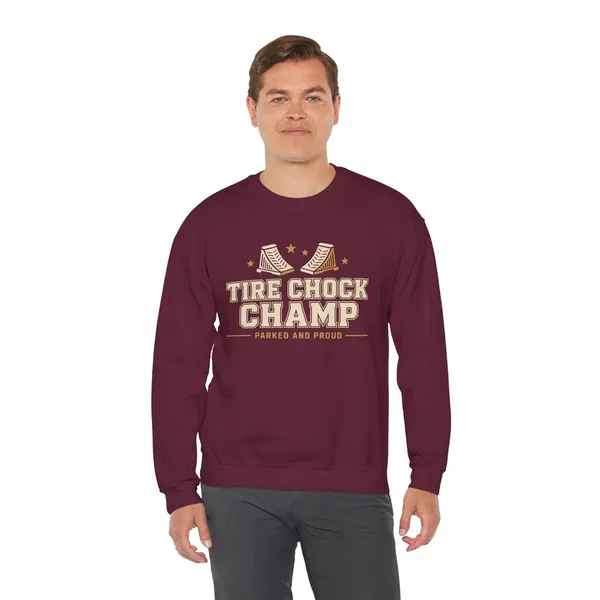Tire Chock Champ Funny Camping Sweatshirt, product photo from Megawatt Merch