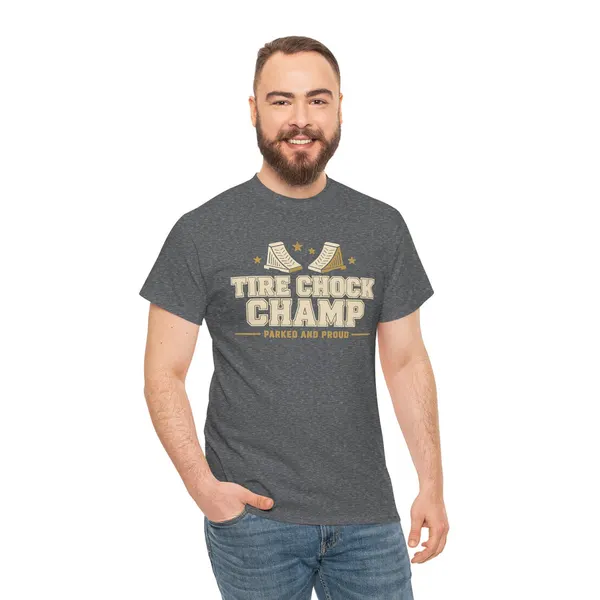 Tire Chock Champ Funny Camping Tee, product photo from Megawatt Merch