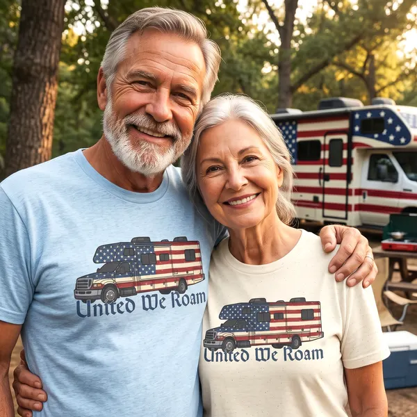 United We Roam Super-C RV | Patriotic Camper Tee, product photo from Megawatt Merch