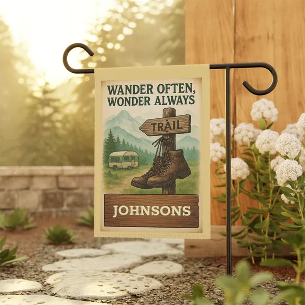 Wander Often, Wonder Always Garden Flag: Personalized Hiking Trail Welcome Banner, product photo from Megawatt Merch
