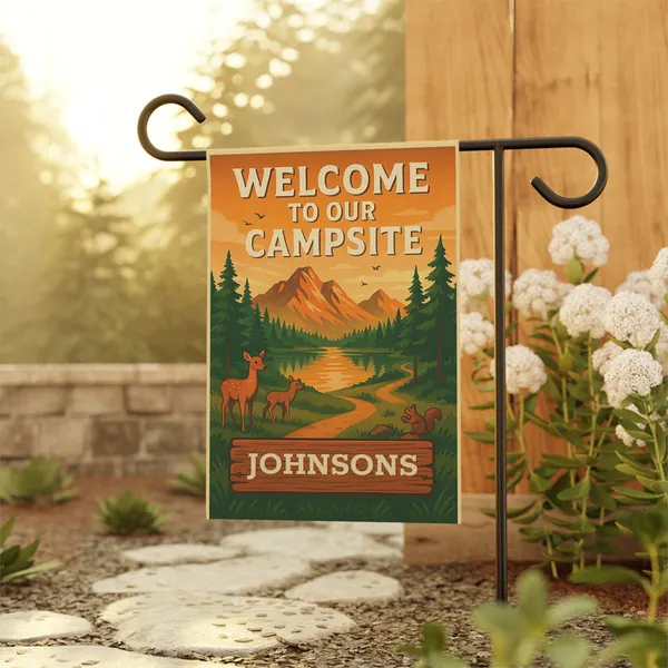 Welcome to Our Campsite Garden Flag: Personalized Outdoor Banner with Mountain, Deer & Forest Design, product photo from Megawatt Merch